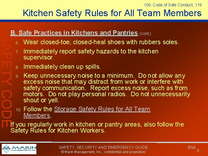 100. Code of Safe Conduct, 119 Kitchen Safety Rules for All Team Members SAFETY