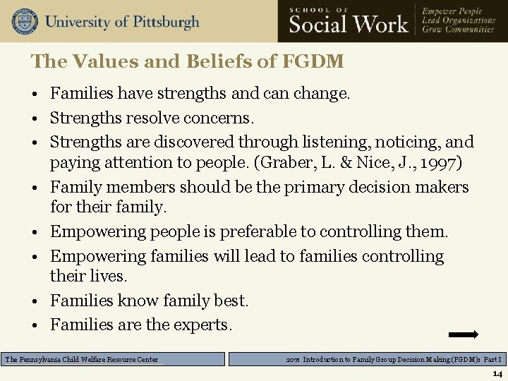 The Values and Beliefs of FGDM • Families have strengths and can change. •