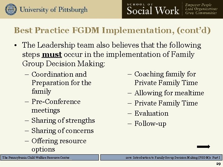 Best Practice FGDM Implementation, (cont’d) • The Leadership team also believes that the following