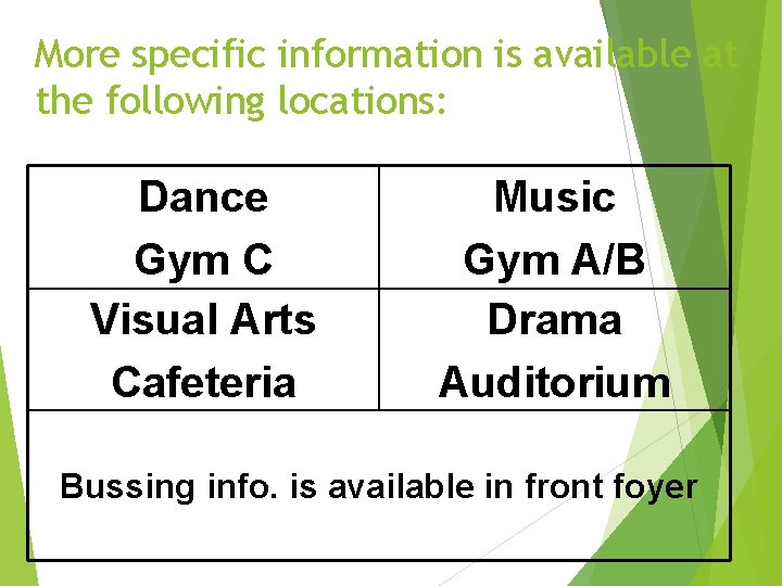 More specific information is available at the following locations: Dance Gym C Visual Arts
