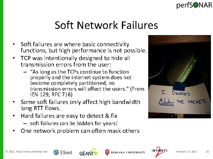 Soft Network Failures • Soft failures are where basic connectivity functions, but high performance