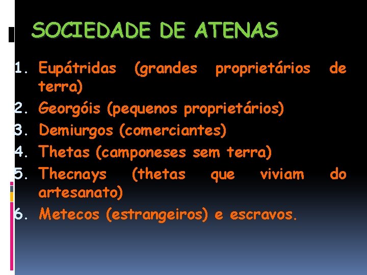 SOCIEDADE DE ATENAS 1. Eupátridas (grandes proprietários terra) 2. Georgóis (pequenos proprietários) 3. Demiurgos