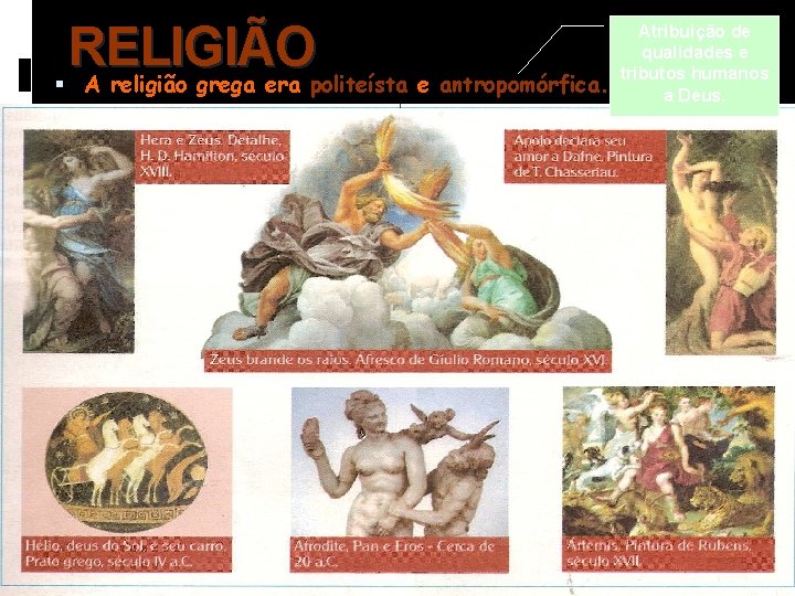 RELIGIÃO A religião grega era politeísta e antropomórfica. Atribuição de qualidades e tributos humanos