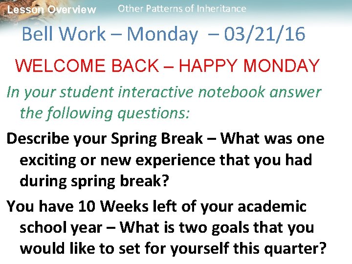 Lesson Overview Other Patterns of Inheritance Bell Work – Monday – 03/21/16 WELCOME BACK