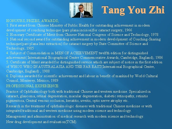 Tang You Zhi HONOURS, PRIZES, AWARDS; 1. First award from Chinese Ministry of Public