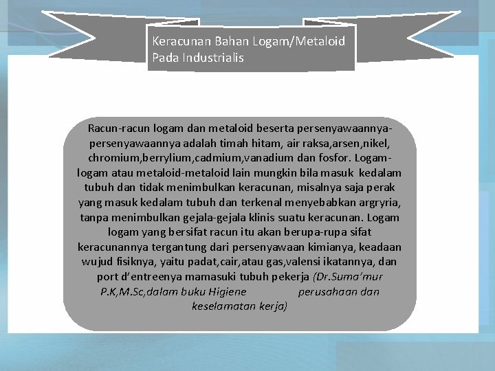 Keracunan Bahan Logam/Metaloid Pada Industrialis Racun-racun logam dan metaloid beserta persenyawaannya adalah timah hitam,