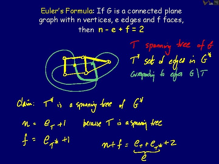 Euler’s Formula: If G is a connected plane graph with n vertices, e edges