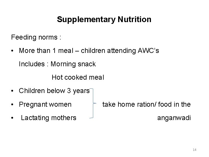 Supplementary Nutrition Feeding norms : • More than 1 meal – children attending AWC’s