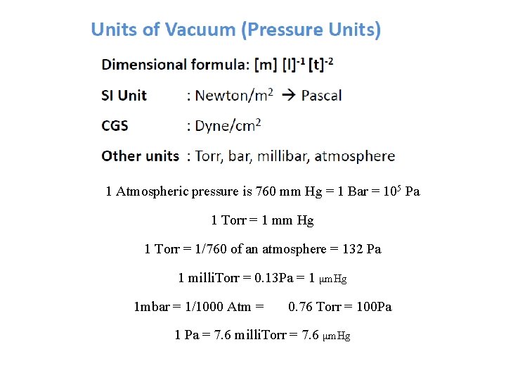 1 Atmospheric pressure is 760 mm Hg = 1 Bar = 105 Pa 1