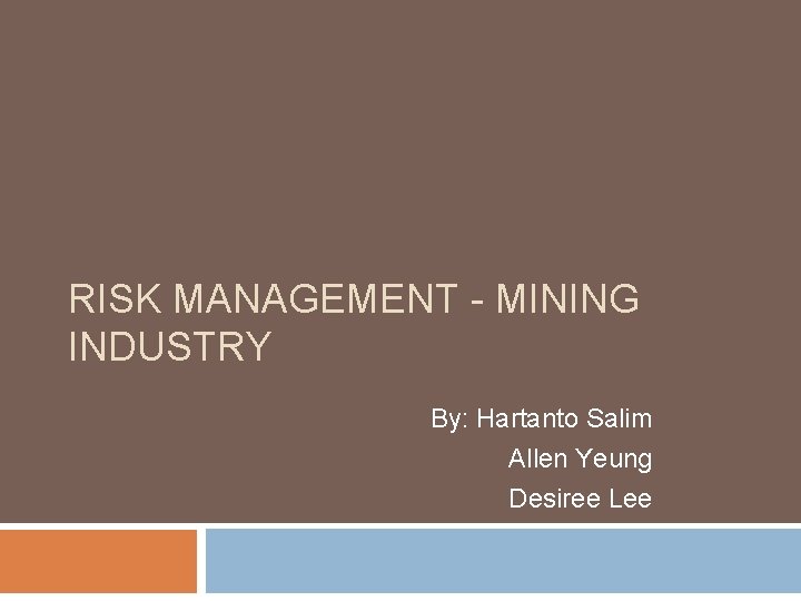 RISK MANAGEMENT - MINING INDUSTRY By: Hartanto Salim Allen Yeung Desiree Lee 