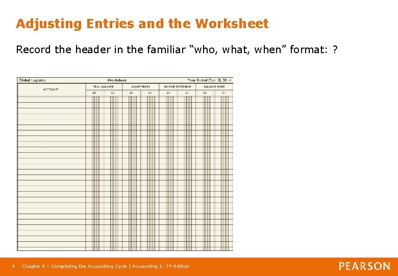 Adjusting Entries and the Worksheet Record the header in the familiar “who, what, when”