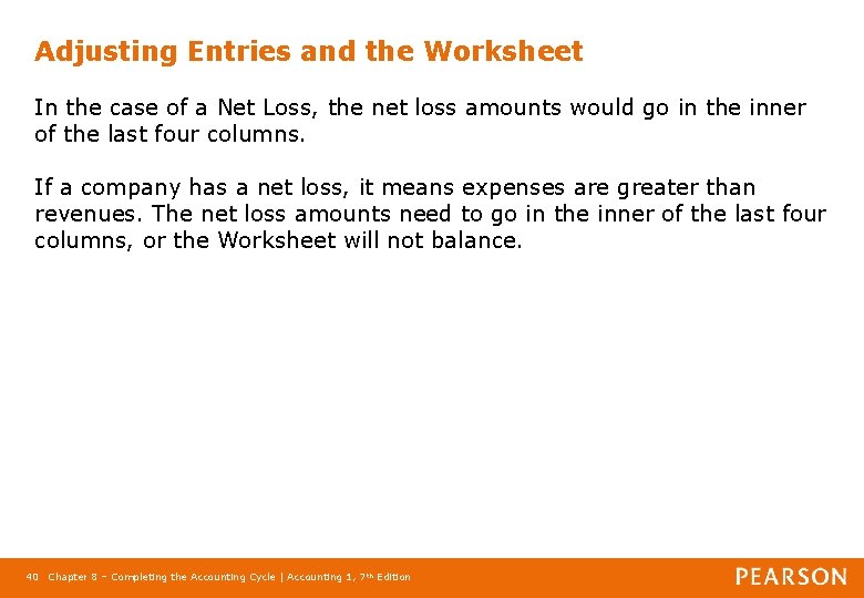 Adjusting Entries and the Worksheet In the case of a Net Loss, the net