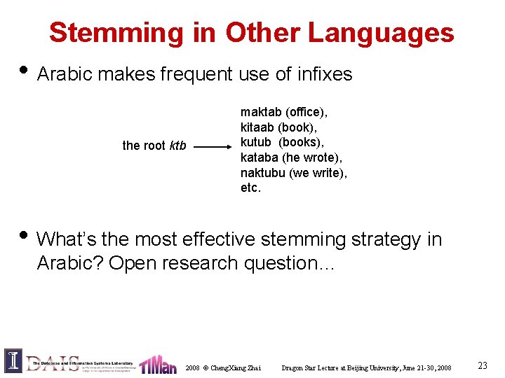 Stemming in Other Languages • Arabic makes frequent use of infixes the root ktb