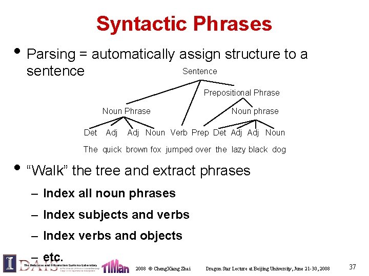 Syntactic Phrases • Parsing = automatically assign structure to a sentence Sentence Prepositional Phrase