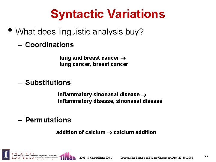 Syntactic Variations • What does linguistic analysis buy? – Coordinations lung and breast cancer