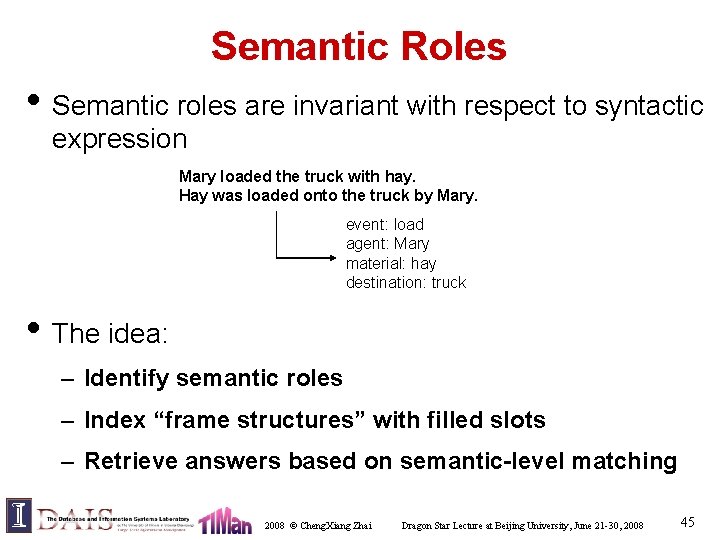 Semantic Roles • Semantic roles are invariant with respect to syntactic expression Mary loaded
