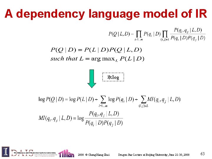 A dependency language model of IR 取log 2008 © Cheng. Xiang Zhai Dragon Star