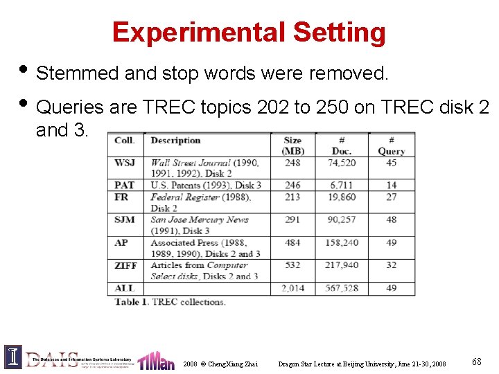 Experimental Setting • Stemmed and stop words were removed. • Queries are TREC topics