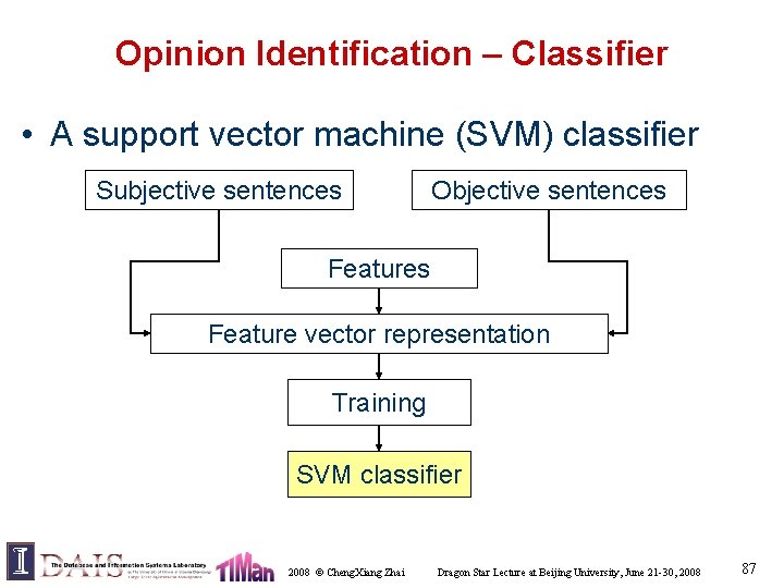 Opinion Identification – Classifier • A support vector machine (SVM) classifier Subjective sentences Objective