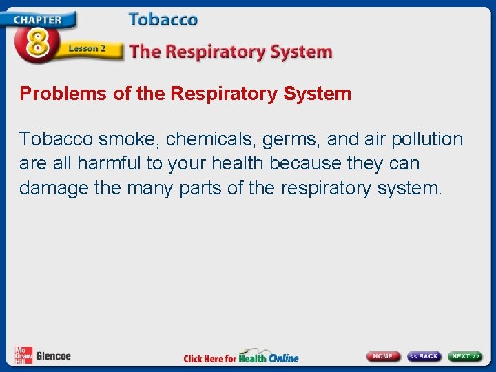 Problems of the Respiratory System Tobacco smoke, chemicals, germs, and air pollution are all