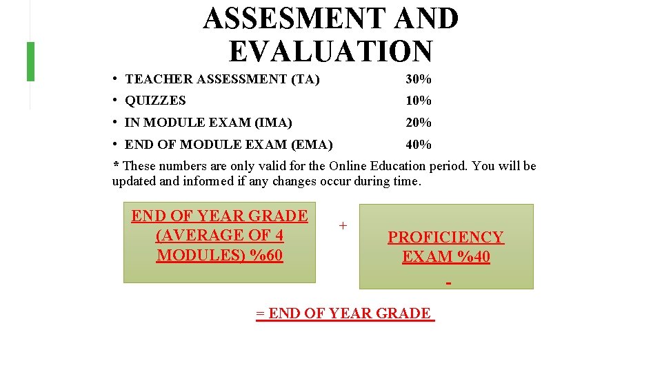 ASSESMENT AND EVALUATION • TEACHER ASSESSMENT (TA) 30% • QUIZZES 10% • IN MODULE ASSESMENT AND EVALUATION • TEACHER ASSESSMENT (TA) 30% • QUIZZES 10% • IN MODULE