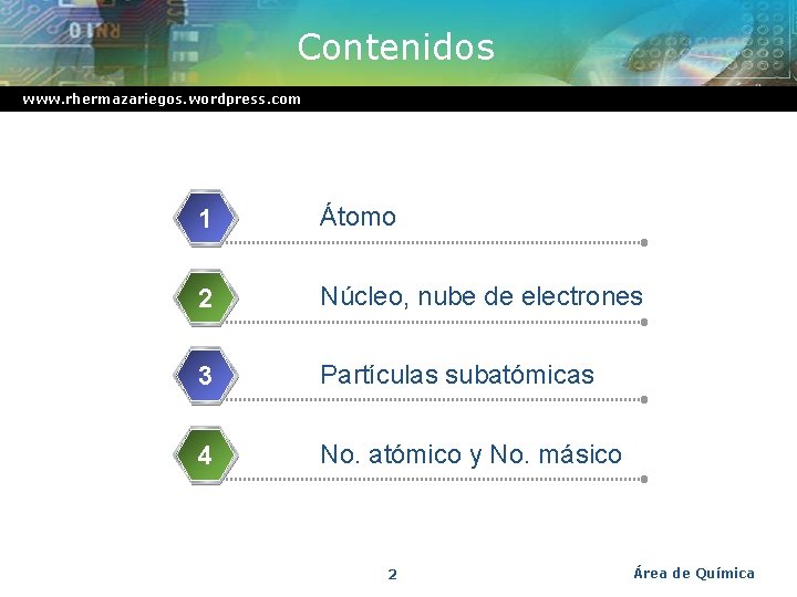 Contenidos www. rhermazariegos. wordpress. com 1 Átomo 2 Núcleo, nube de electrones 3 Partículas