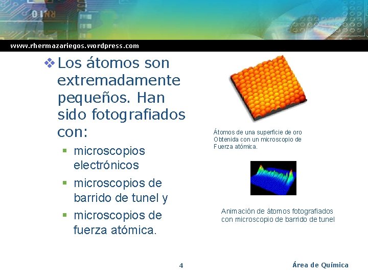 www. rhermazariegos. wordpress. com v Los átomos son extremadamente pequeños. Han sido fotografiados con: