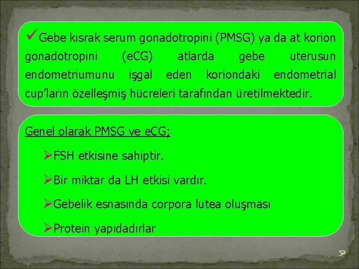 üGebe kısrak serum gonadotropini (PMSG) ya da at korion gonadotropini endometriumunu (e. CG) işgal