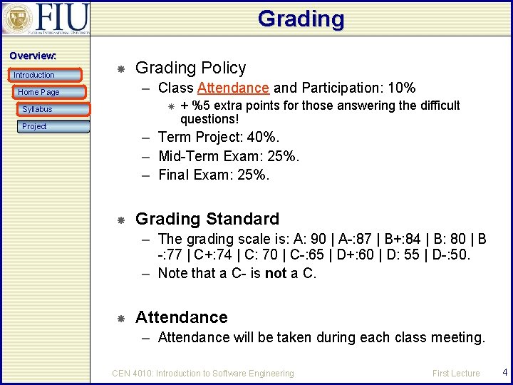 Grading Overview: Introduction Grading Policy – Class Attendance and Participation: 10% Home Page Syllabus