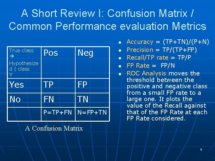 A Short Review I: Confusion Matrix / Common Performance evaluation Metrics n True class