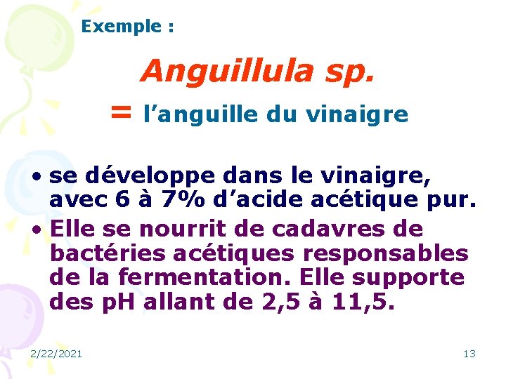 Exemple : Anguillula sp. = l’anguille du vinaigre • se développe dans le vinaigre,