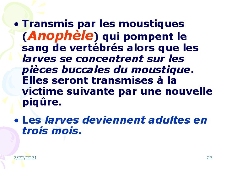  • Transmis par les moustiques (Anophèle) qui pompent le sang de vertébrés alors