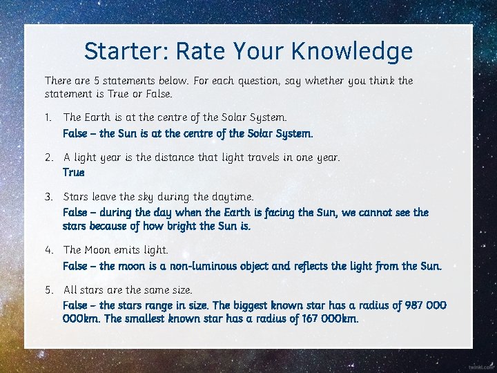 Starter: Rate Your Knowledge There are 5 statements below. For each question, say whether