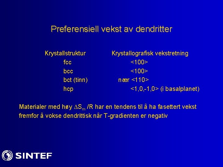 Preferensiell vekst av dendritter Krystallstruktur fcc bct (tinn) hcp Krystallografisk vekstretning <100> nær <110>