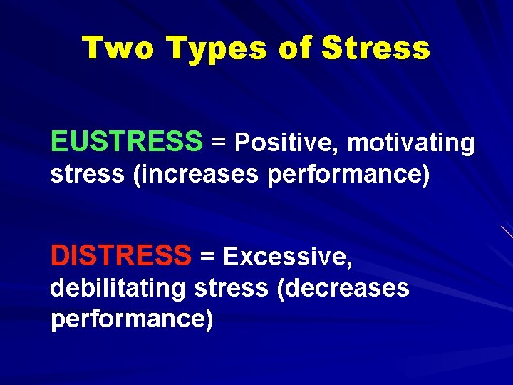 Two Types of Stress EUSTRESS = Positive, motivating stress (increases performance) DISTRESS = Excessive,