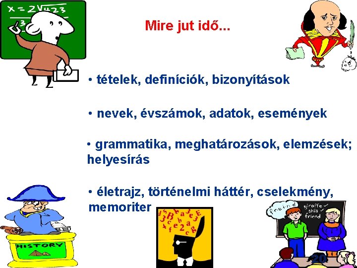 Mire jut idő. . . • tételek, definíciók, bizonyítások • nevek, évszámok, adatok, események