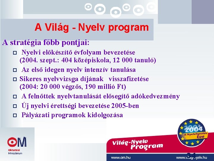 A Világ - Nyelv program A stratégia főbb pontjai: Nyelvi előkészítő évfolyam bevezetése (2004. A Világ - Nyelv program A stratégia főbb pontjai: Nyelvi előkészítő évfolyam bevezetése (2004.