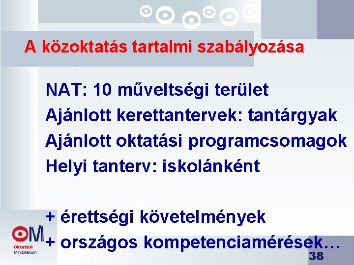 A közoktatás tartalmi szabályozása NAT: 10 műveltségi terület Ajánlott kerettantervek: tantárgyak Ajánlott oktatási programcsomagok