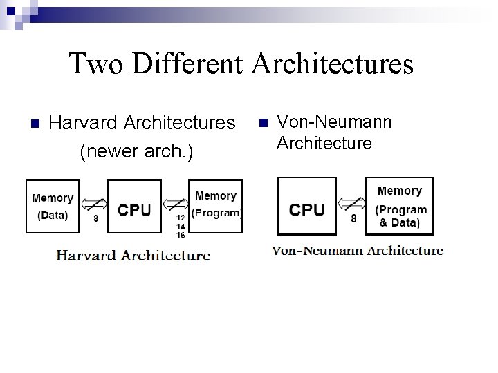 Two Different Architectures n Harvard Architectures (newer arch. ) n Von-Neumann Architecture 