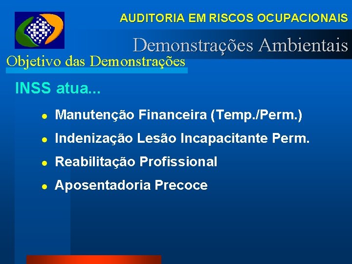 AUDITORIA EM RISCOS OCUPACIONAIS Demonstrações Ambientais Objetivo das Demonstrações INSS atua. . . l