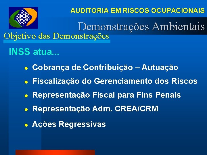 AUDITORIA EM RISCOS OCUPACIONAIS Demonstrações Ambientais Objetivo das Demonstrações INSS atua. . . l
