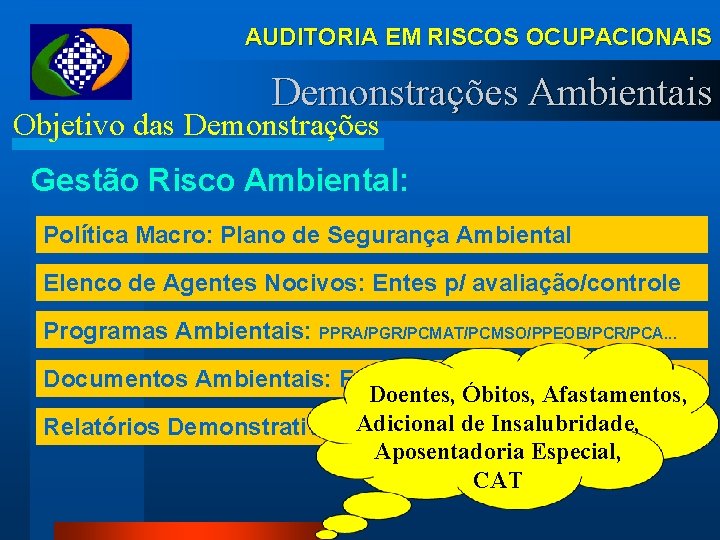 AUDITORIA EM RISCOS OCUPACIONAIS Demonstrações Ambientais Objetivo das Demonstrações Gestão Risco Ambiental: Política Macro: