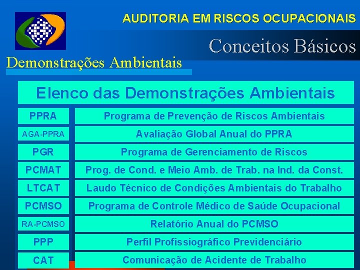 AUDITORIA EM RISCOS OCUPACIONAIS Demonstrações Ambientais Conceitos Básicos Elenco das Demonstrações Ambientais PPRA Programa