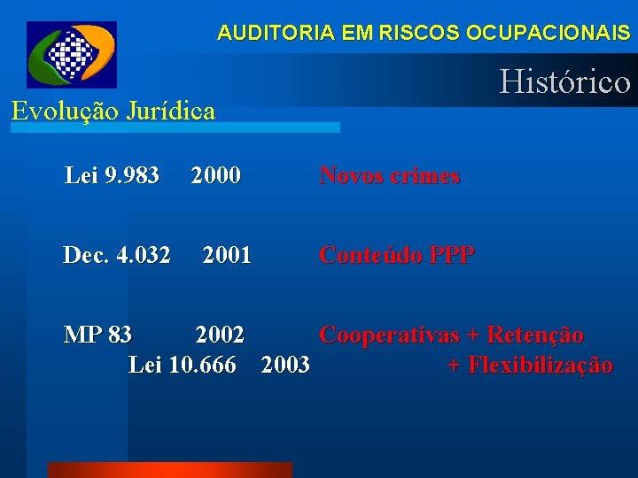 AUDITORIA EM RISCOS OCUPACIONAIS Histórico Evolução Jurídica Lei 9. 983 Dec. 4. 032 2000