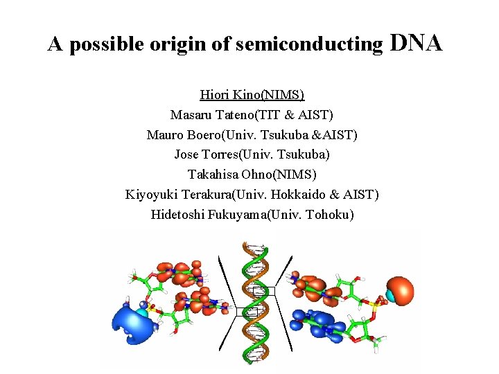 A possible origin of semiconducting DNA Hiori Kino(NIMS) Masaru Tateno(TIT & AIST) Mauro Boero(Univ.