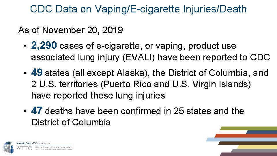 CDC Data on Vaping/E-cigarette Injuries/Death As of November 20, 2019 • 2, 290 cases