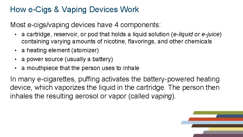 How e-Cigs & Vaping Devices Work Most e-cigs/vaping devices have 4 components: a cartridge,