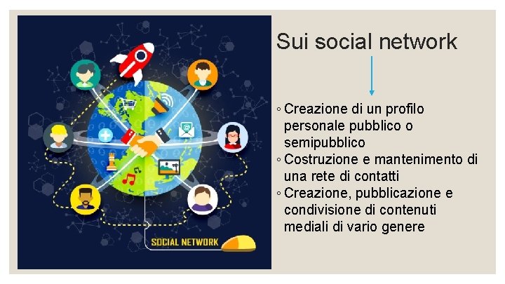 Sui social network ◦ Creazione di un profilo personale pubblico o semipubblico ◦ Costruzione