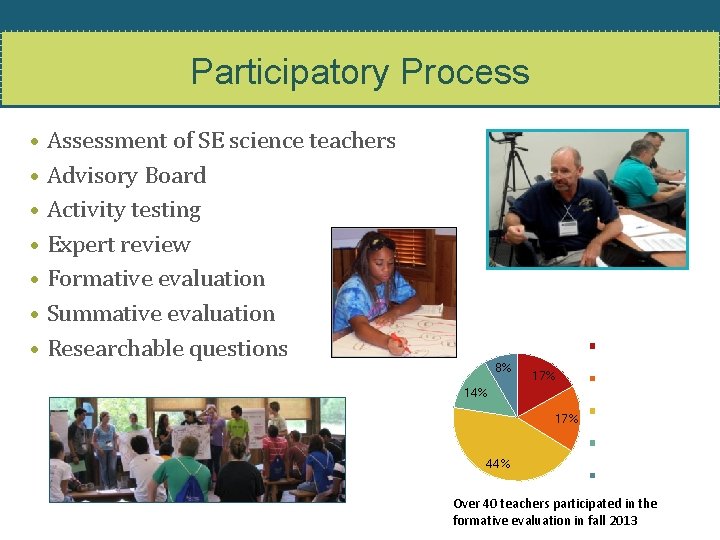 Participatory Process • Assessment of SE science teachers • Advisory Board • Activity testing