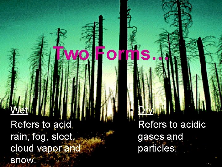 Two Forms… • Wet Refers to acid rain, fog, sleet, cloud vapor and snow.